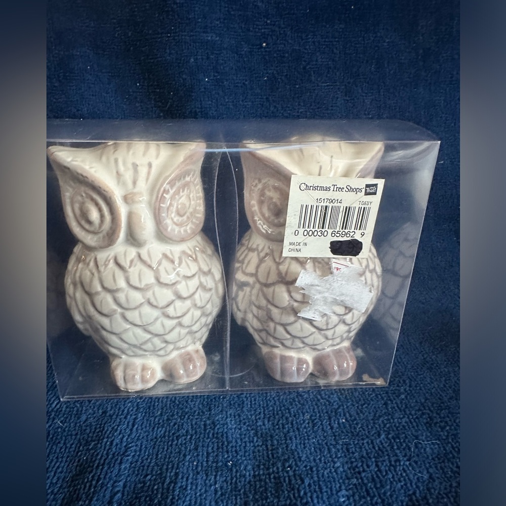 Ceramic Owl Salt & Pepper Shakers Christmas Tree Shops 4” W/Stoppers Boxed NEW